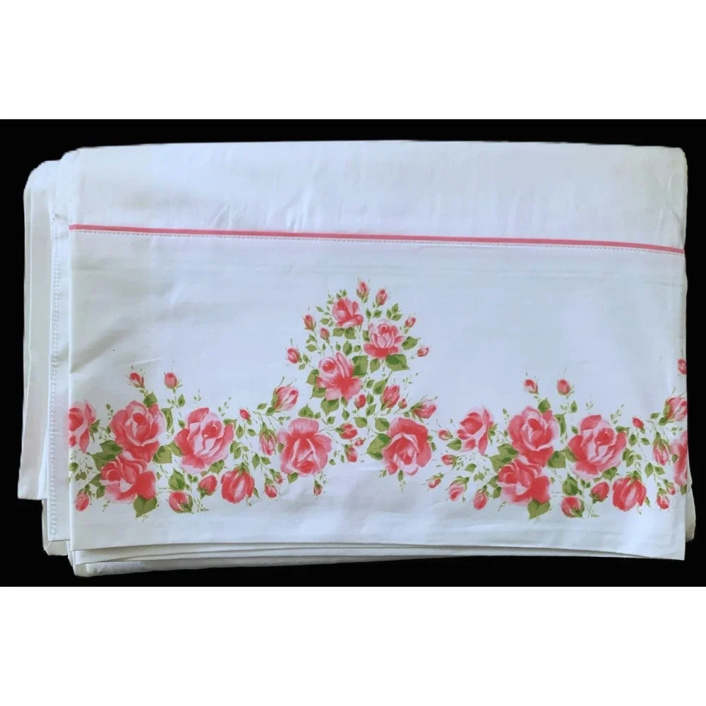 1960 Cannon TWIN FLAT Sheet PINK ROSE GARLAND Piping Cotton Fabric NOS Vtg READ